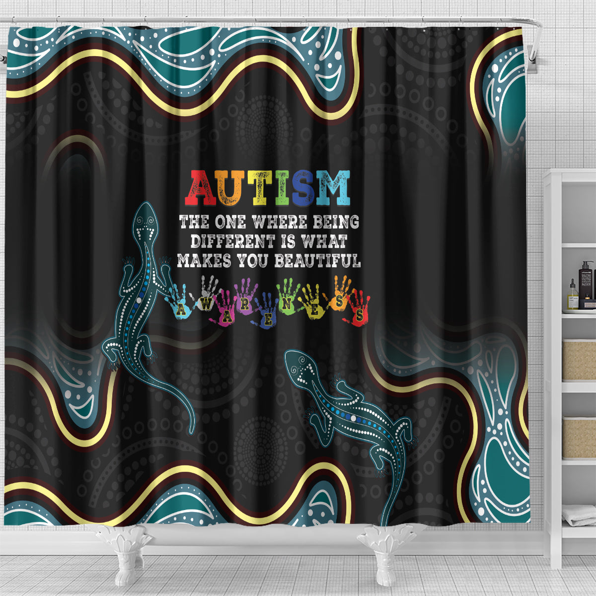 Australia Autism Awareness 4 April Aboriginal Lizard Shower Curtain