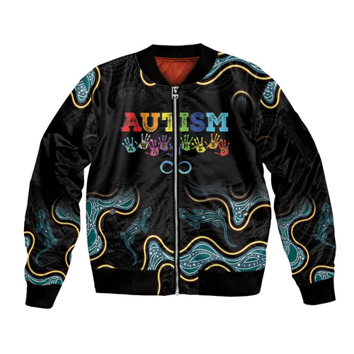 Australia Autism Awareness 4 April Aboriginal Lizard Sleeve Zip Bomber Jacket