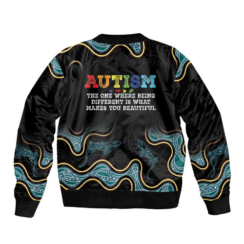 Australia Autism Awareness 4 April Aboriginal Lizard Sleeve Zip Bomber Jacket