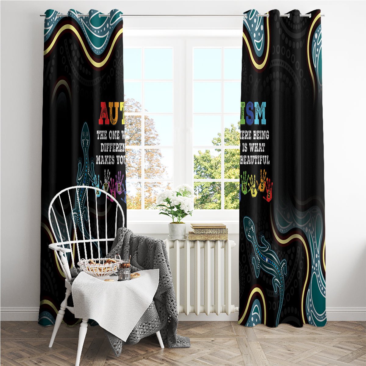Australia Autism Awareness 4 April Aboriginal Lizard Window Curtain