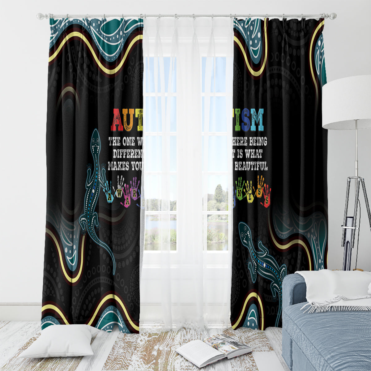 Australia Autism Awareness 4 April Aboriginal Lizard Window Curtain