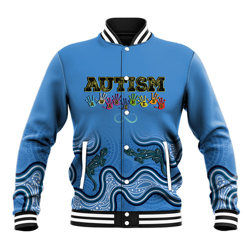 Australia Autism Awareness Baseball Jacket In April We Wear Blue Aboriginal Lizard