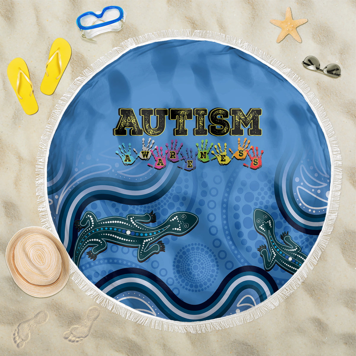 Australia Autism Awareness Beach Blanket In April We Wear Blue Aboriginal Lizard