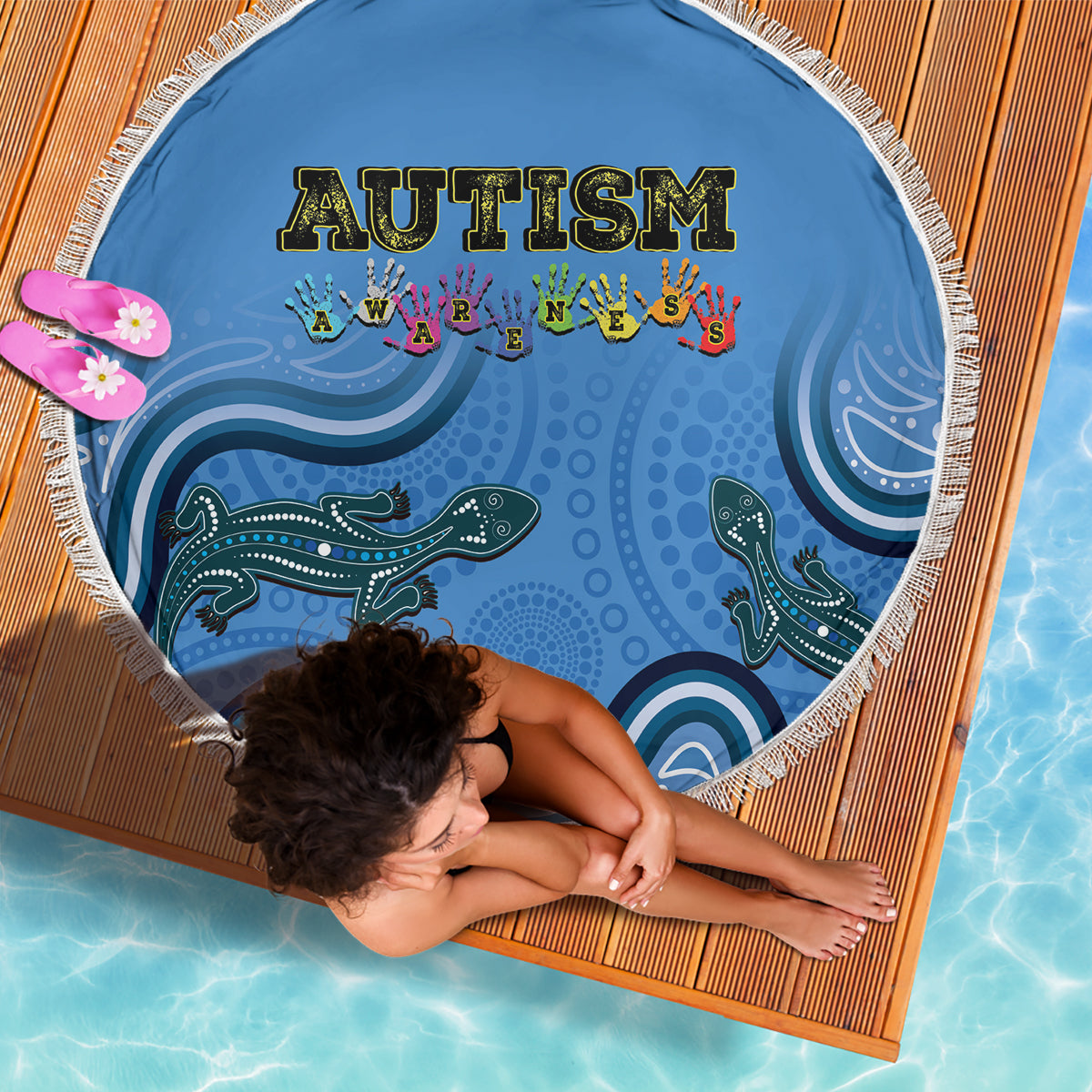 Australia Autism Awareness Beach Blanket In April We Wear Blue Aboriginal Lizard