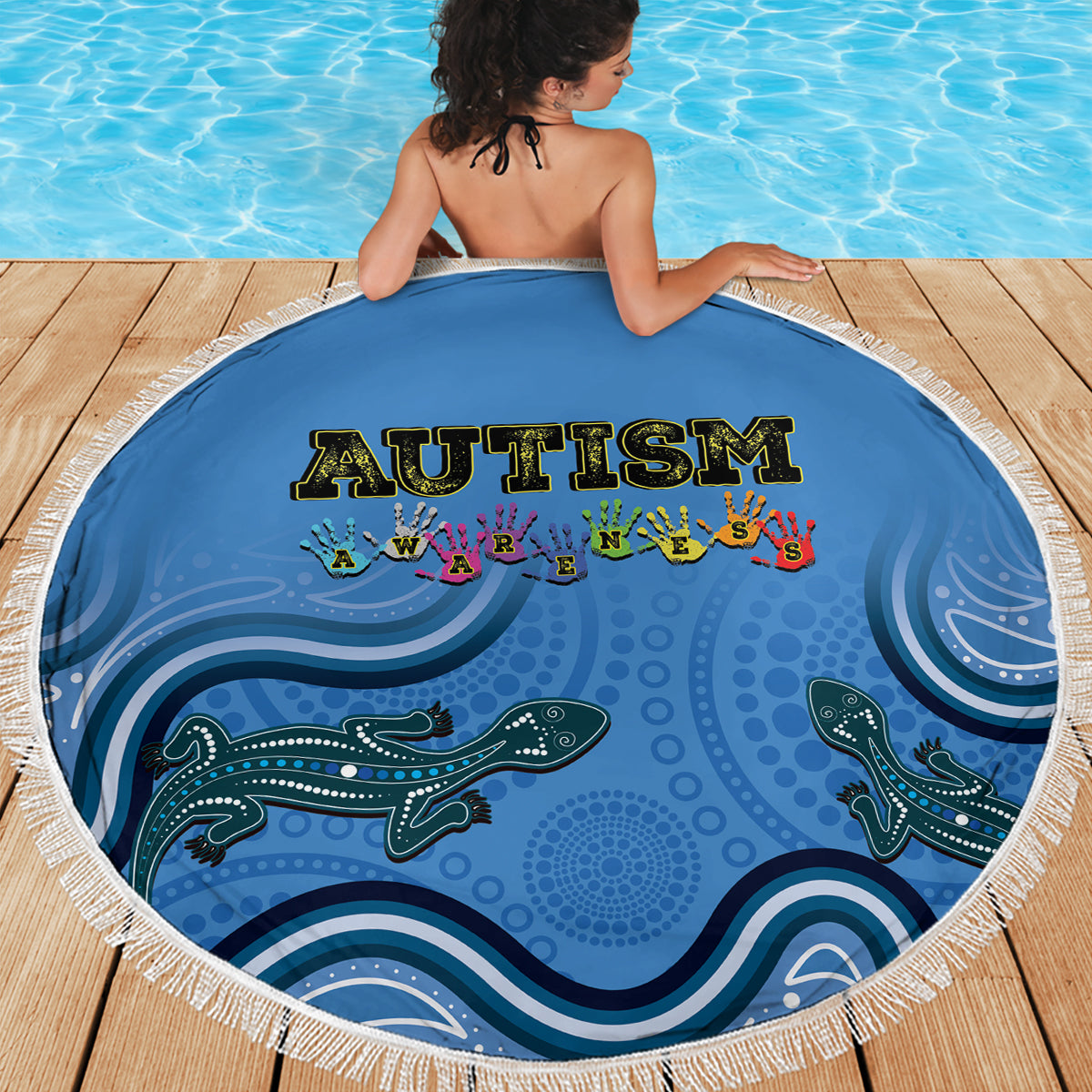 Australia Autism Awareness Beach Blanket In April We Wear Blue Aboriginal Lizard