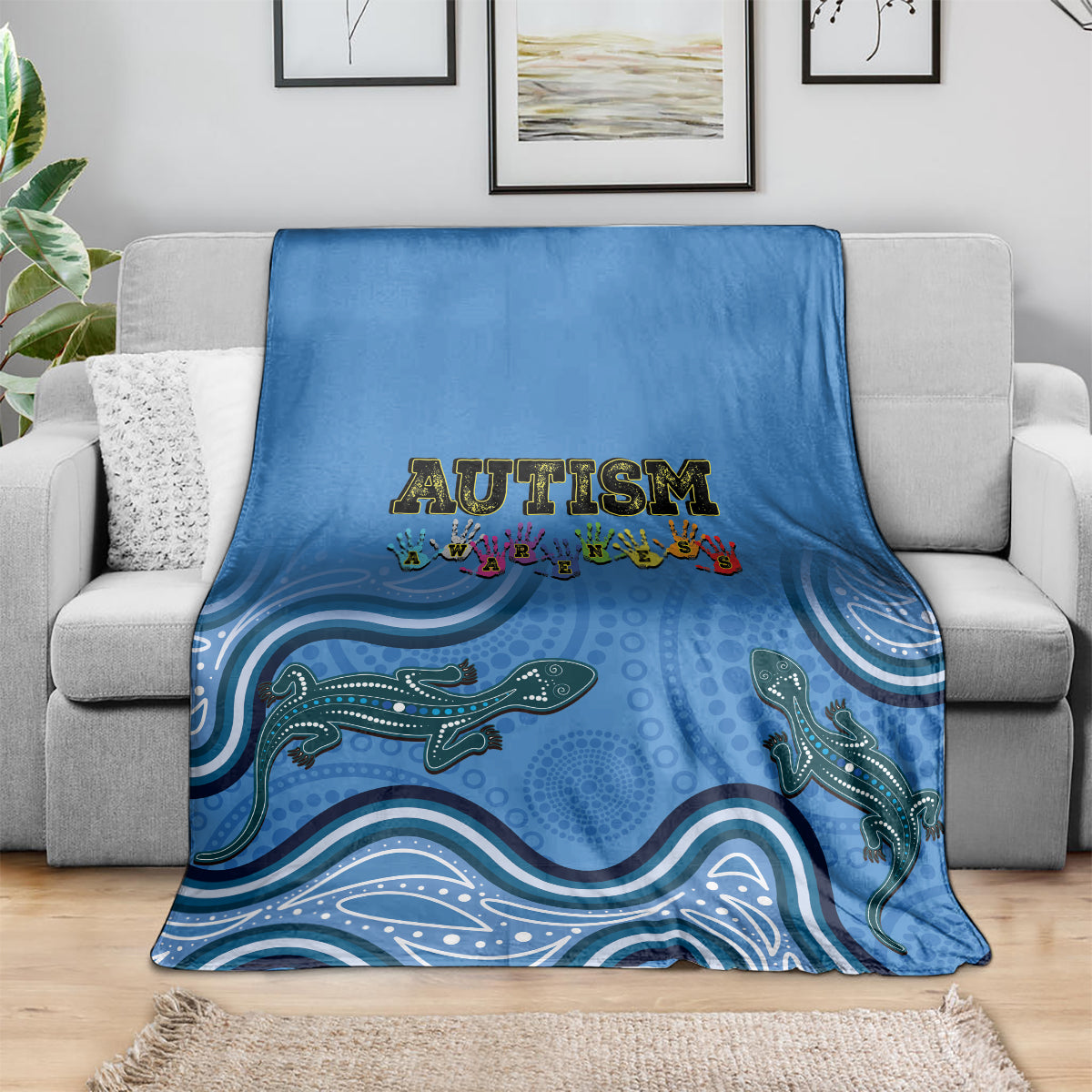 Australia Autism Awareness Blanket In April We Wear Blue Aboriginal Lizard