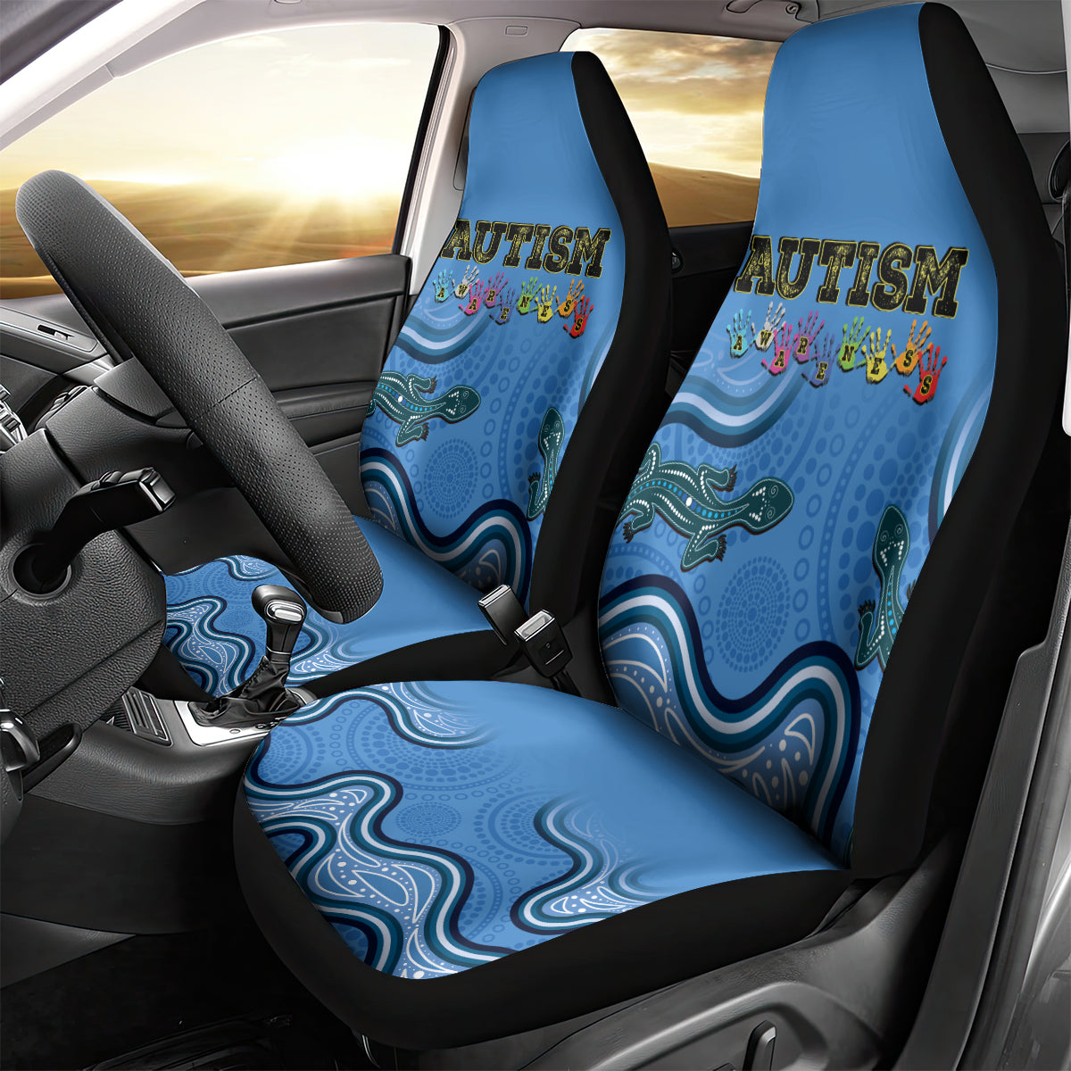 Australia Autism Awareness Car Seat Cover In April We Wear Blue Aboriginal Lizard