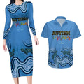 Australia Autism Awareness Couples Matching Long Sleeve Bodycon Dress and Hawaiian Shirt In April We Wear Blue Aboriginal Lizard