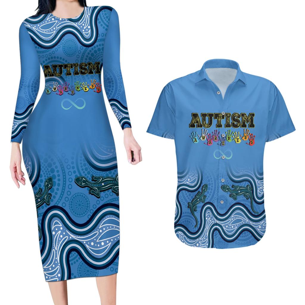 Australia Autism Awareness Couples Matching Long Sleeve Bodycon Dress and Hawaiian Shirt In April We Wear Blue Aboriginal Lizard
