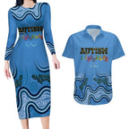Australia Autism Awareness Couples Matching Long Sleeve Bodycon Dress and Hawaiian Shirt In April We Wear Blue Aboriginal Lizard