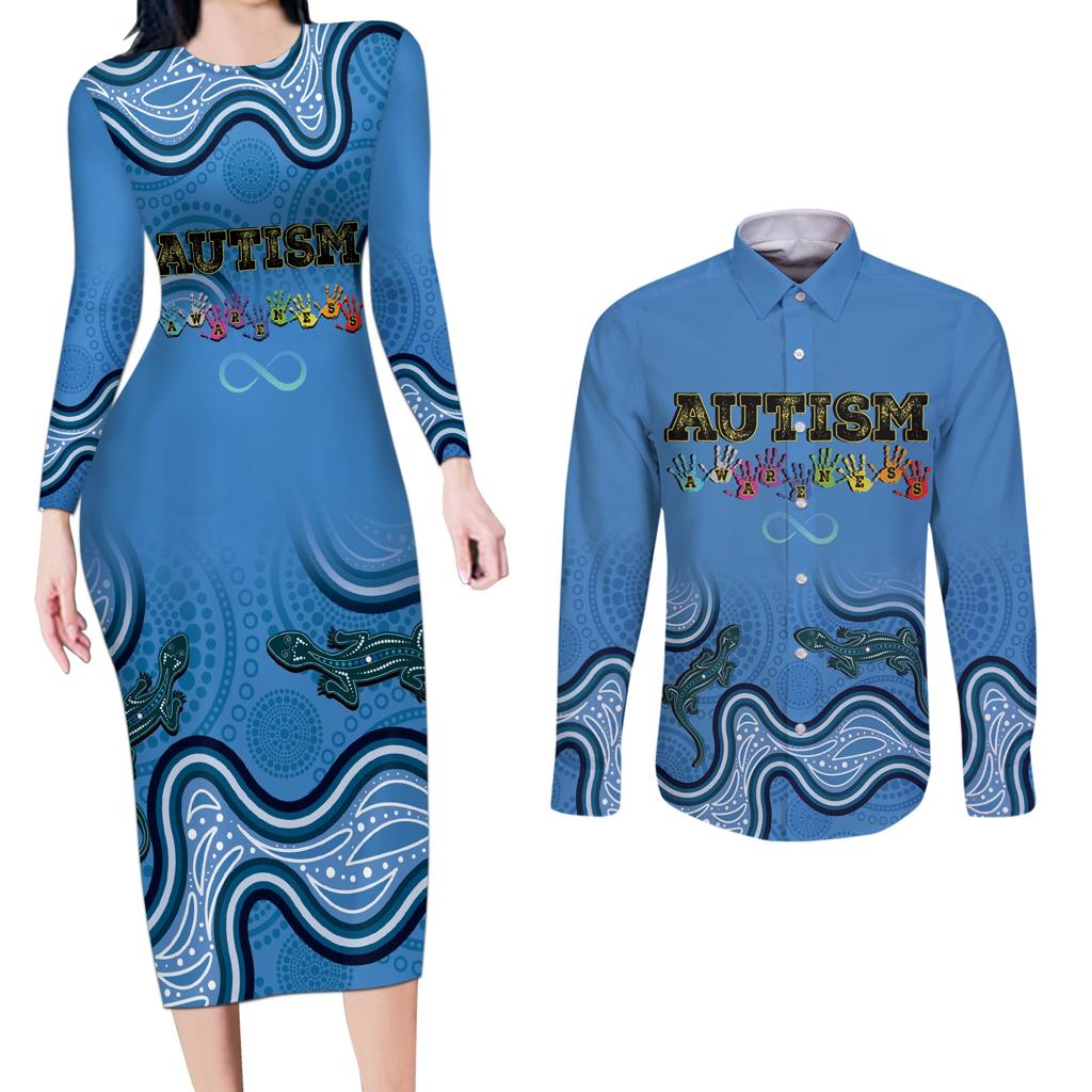 Australia Autism Awareness Couples Matching Long Sleeve Bodycon Dress and Long Sleeve Button Shirt In April We Wear Blue Aboriginal Lizard