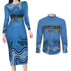 Australia Autism Awareness Couples Matching Long Sleeve Bodycon Dress and Long Sleeve Button Shirt In April We Wear Blue Aboriginal Lizard