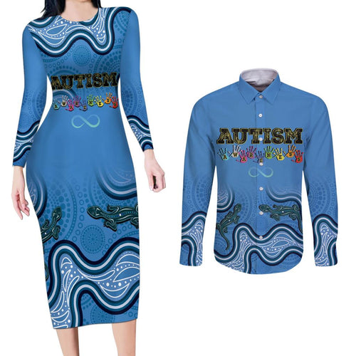Australia Autism Awareness Couples Matching Long Sleeve Bodycon Dress and Long Sleeve Button Shirt In April We Wear Blue Aboriginal Lizard