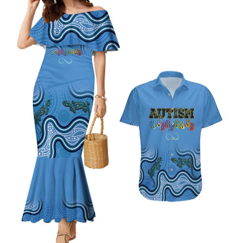 Australia Autism Awareness Couples Matching Mermaid Dress and Hawaiian Shirt In April We Wear Blue Aboriginal Lizard