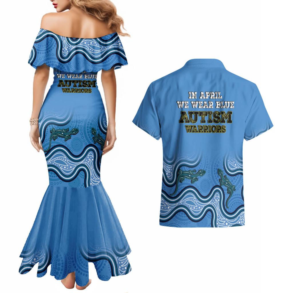 Australia Autism Awareness Couples Matching Mermaid Dress and Hawaiian Shirt In April We Wear Blue Aboriginal Lizard