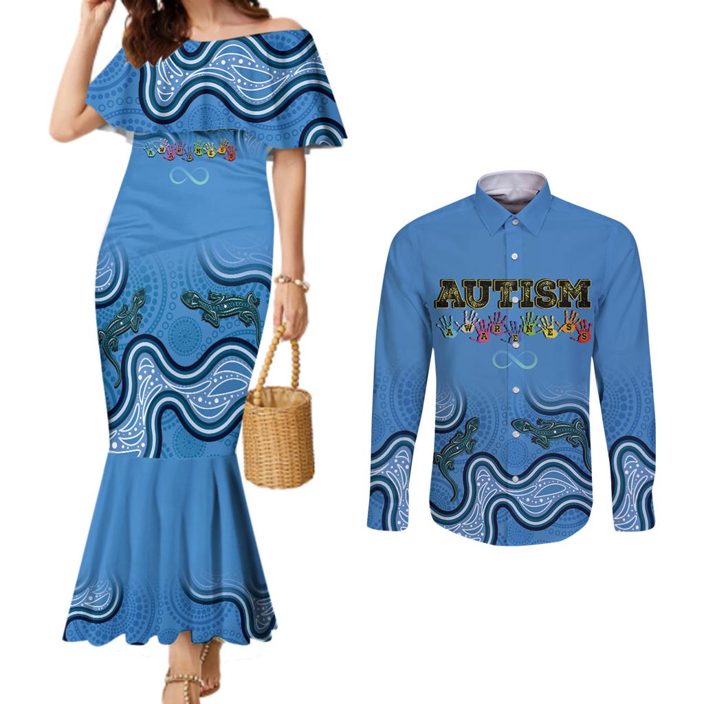 Australia Autism Awareness Couples Matching Mermaid Dress and Long Sleeve Button Shirt In April We Wear Blue Aboriginal Lizard