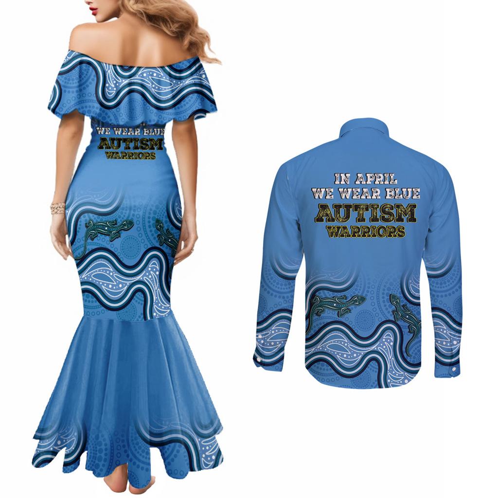 Australia Autism Awareness Couples Matching Mermaid Dress and Long Sleeve Button Shirt In April We Wear Blue Aboriginal Lizard