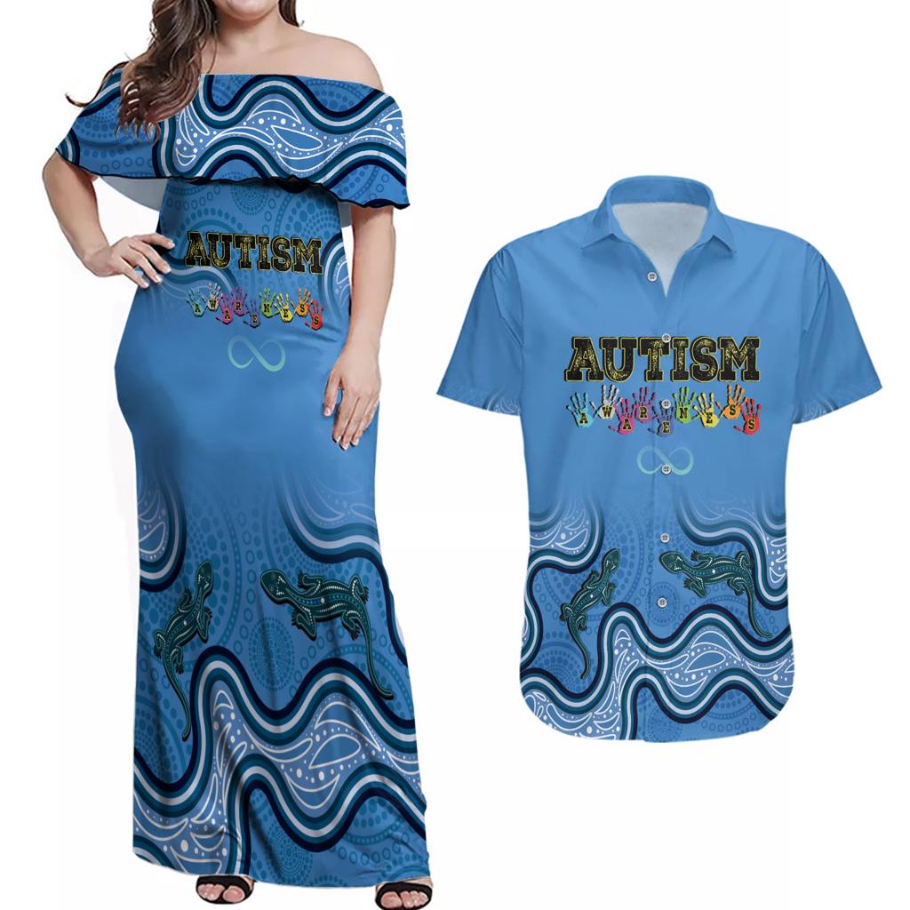Australia Autism Awareness Couples Matching Off Shoulder Maxi Dress and Hawaiian Shirt In April We Wear Blue Aboriginal Lizard