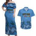 Australia Autism Awareness Couples Matching Off Shoulder Maxi Dress and Hawaiian Shirt In April We Wear Blue Aboriginal Lizard