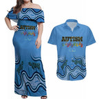 Australia Autism Awareness Couples Matching Off Shoulder Maxi Dress and Hawaiian Shirt In April We Wear Blue Aboriginal Lizard