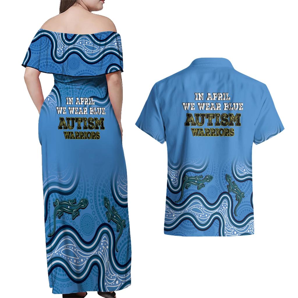 Australia Autism Awareness Couples Matching Off Shoulder Maxi Dress and Hawaiian Shirt In April We Wear Blue Aboriginal Lizard
