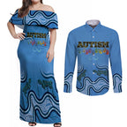Australia Autism Awareness Couples Matching Off Shoulder Maxi Dress and Long Sleeve Button Shirt In April We Wear Blue Aboriginal Lizard