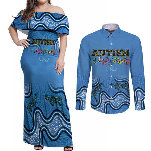 Australia Autism Awareness Couples Matching Off Shoulder Maxi Dress and Long Sleeve Button Shirt In April We Wear Blue Aboriginal Lizard