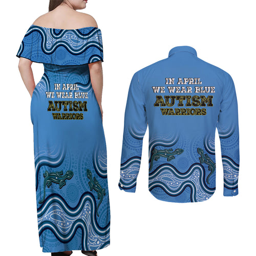 Australia Autism Awareness Couples Matching Off Shoulder Maxi Dress and Long Sleeve Button Shirt In April We Wear Blue Aboriginal Lizard