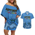 Australia Autism Awareness Couples Matching Off Shoulder Short Dress and Hawaiian Shirt In April We Wear Blue Aboriginal Lizard