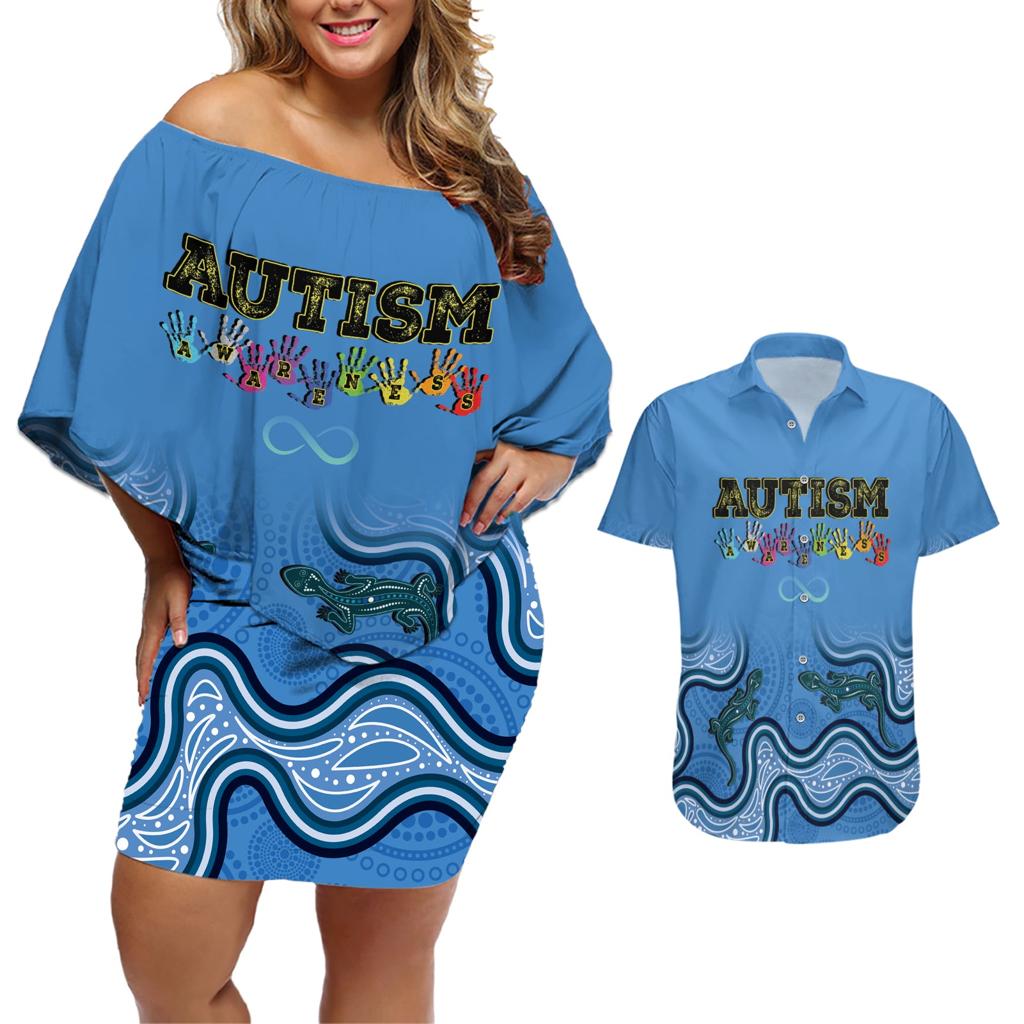 Australia Autism Awareness Couples Matching Off Shoulder Short Dress and Hawaiian Shirt In April We Wear Blue Aboriginal Lizard