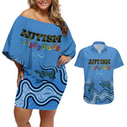Australia Autism Awareness Couples Matching Off Shoulder Short Dress and Hawaiian Shirt In April We Wear Blue Aboriginal Lizard