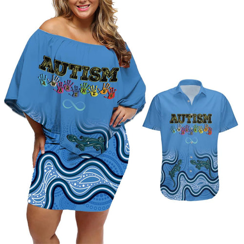 Australia Autism Awareness Couples Matching Off Shoulder Short Dress and Hawaiian Shirt In April We Wear Blue Aboriginal Lizard