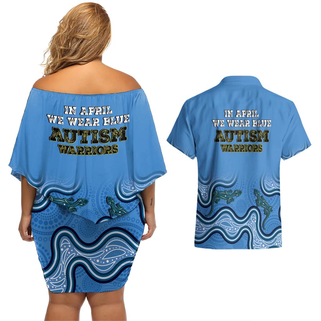 Australia Autism Awareness Couples Matching Off Shoulder Short Dress and Hawaiian Shirt In April We Wear Blue Aboriginal Lizard