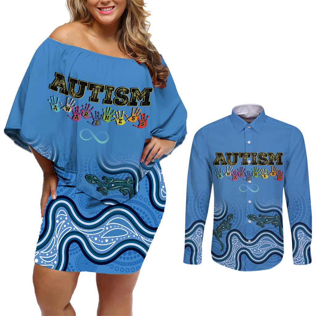 Australia Autism Awareness Couples Matching Off Shoulder Short Dress and Long Sleeve Button Shirt In April We Wear Blue Aboriginal Lizard