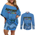Australia Autism Awareness Couples Matching Off Shoulder Short Dress and Long Sleeve Button Shirt In April We Wear Blue Aboriginal Lizard