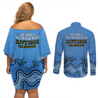 Australia Autism Awareness Couples Matching Off Shoulder Short Dress and Long Sleeve Button Shirt In April We Wear Blue Aboriginal Lizard