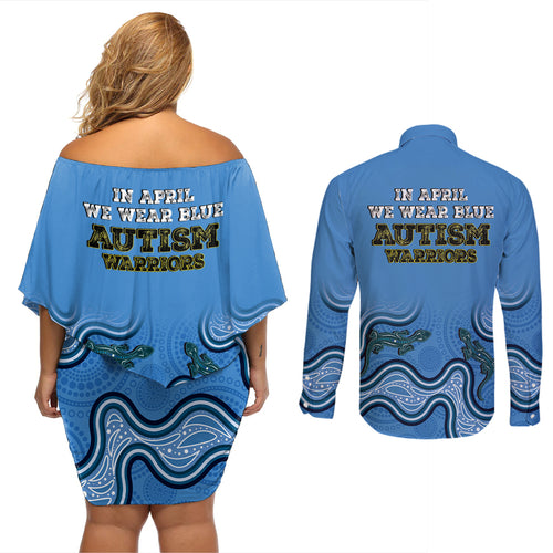 Australia Autism Awareness Couples Matching Off Shoulder Short Dress and Long Sleeve Button Shirt In April We Wear Blue Aboriginal Lizard