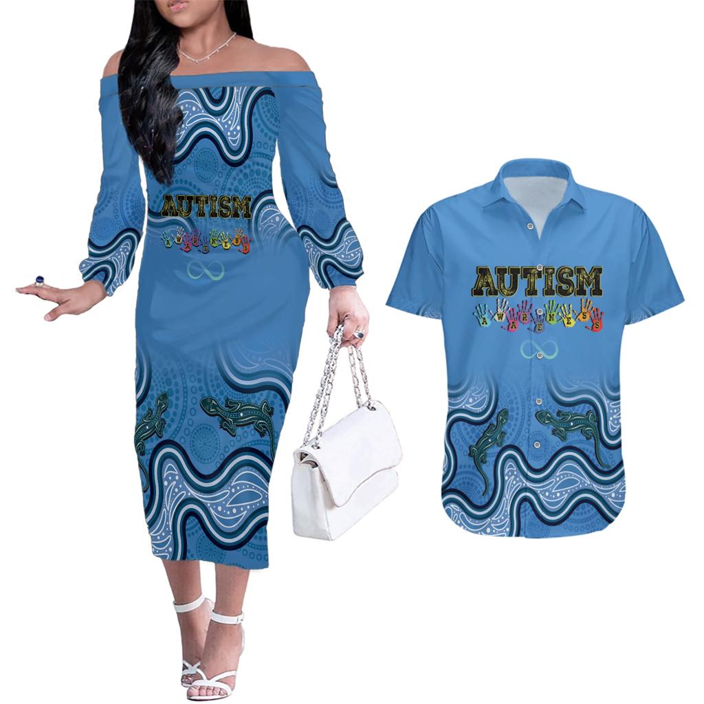 Australia Autism Awareness Couples Matching Off The Shoulder Long Sleeve Dress and Hawaiian Shirt In April We Wear Blue Aboriginal Lizard