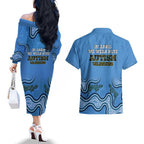 Australia Autism Awareness Couples Matching Off The Shoulder Long Sleeve Dress and Hawaiian Shirt In April We Wear Blue Aboriginal Lizard