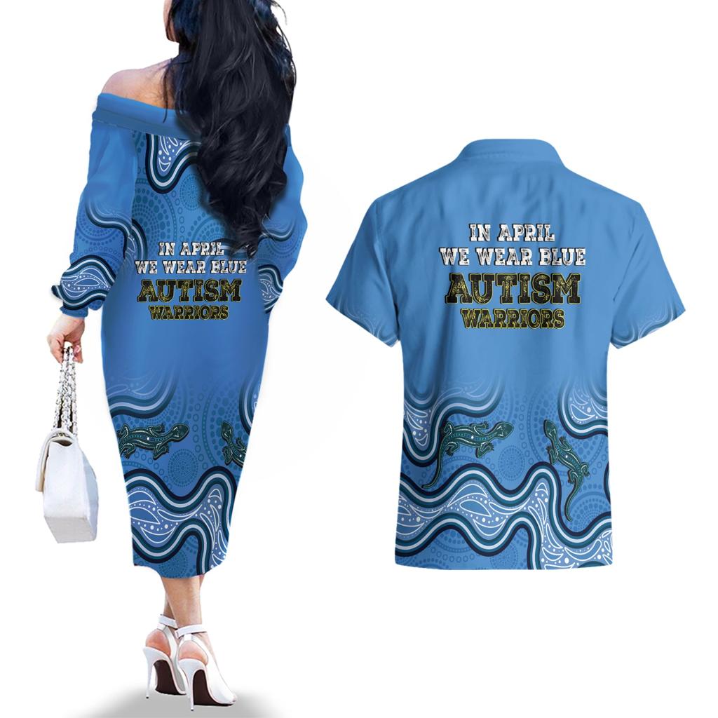 Australia Autism Awareness Couples Matching Off The Shoulder Long Sleeve Dress and Hawaiian Shirt In April We Wear Blue Aboriginal Lizard