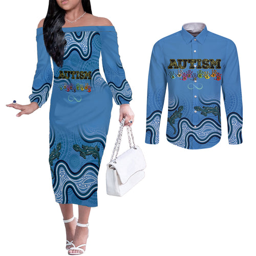 Australia Autism Awareness Couples Matching Off The Shoulder Long Sleeve Dress and Long Sleeve Button Shirt In April We Wear Blue Aboriginal Lizard