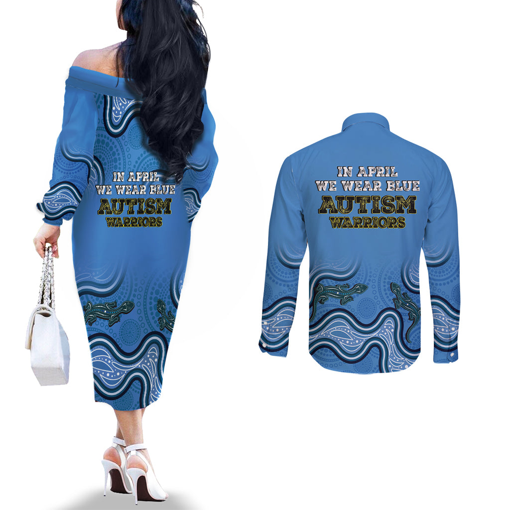 Australia Autism Awareness Couples Matching Off The Shoulder Long Sleeve Dress and Long Sleeve Button Shirt In April We Wear Blue Aboriginal Lizard