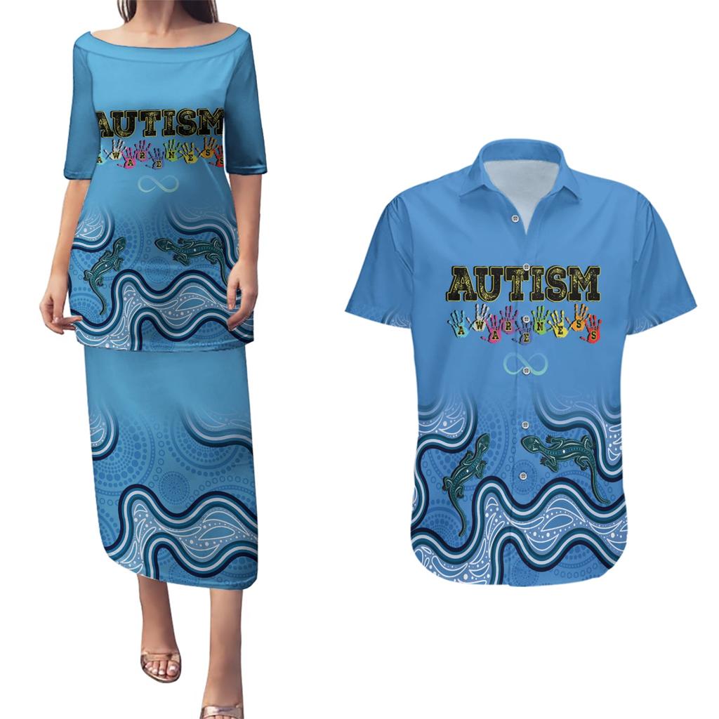 Australia Autism Awareness Couples Matching Puletasi and Hawaiian Shirt In April We Wear Blue Aboriginal Lizard