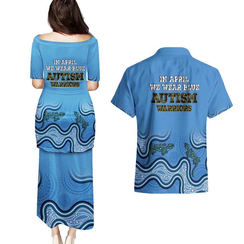 Australia Autism Awareness Couples Matching Puletasi and Hawaiian Shirt In April We Wear Blue Aboriginal Lizard