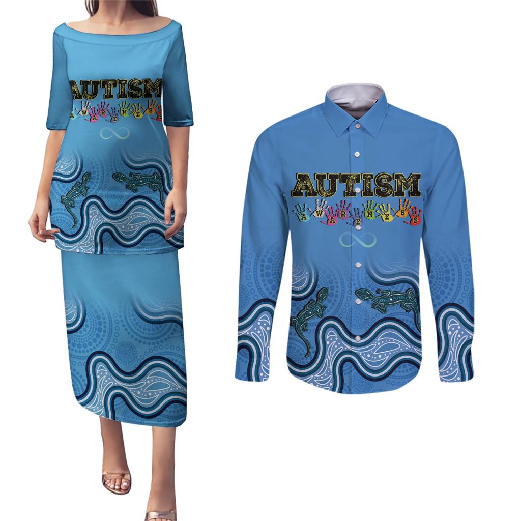 Australia Autism Awareness Couples Matching Puletasi and Long Sleeve Button Shirt In April We Wear Blue Aboriginal Lizard
