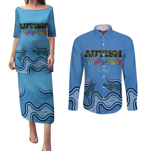 Australia Autism Awareness Couples Matching Puletasi and Long Sleeve Button Shirt In April We Wear Blue Aboriginal Lizard