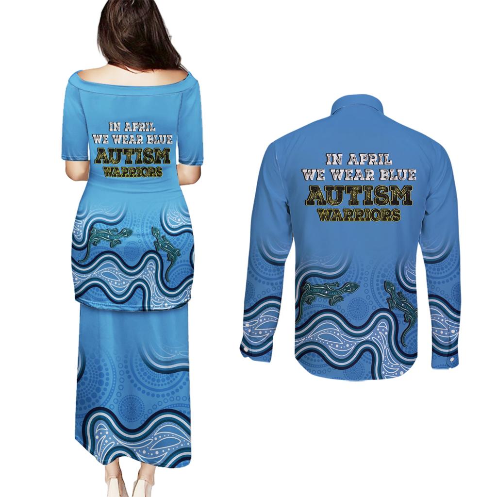 Australia Autism Awareness Couples Matching Puletasi and Long Sleeve Button Shirt In April We Wear Blue Aboriginal Lizard