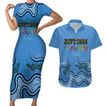 Australia Autism Awareness Couples Matching Short Sleeve Bodycon Dress and Hawaiian Shirt In April We Wear Blue Aboriginal Lizard