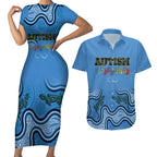 Australia Autism Awareness Couples Matching Short Sleeve Bodycon Dress and Hawaiian Shirt In April We Wear Blue Aboriginal Lizard