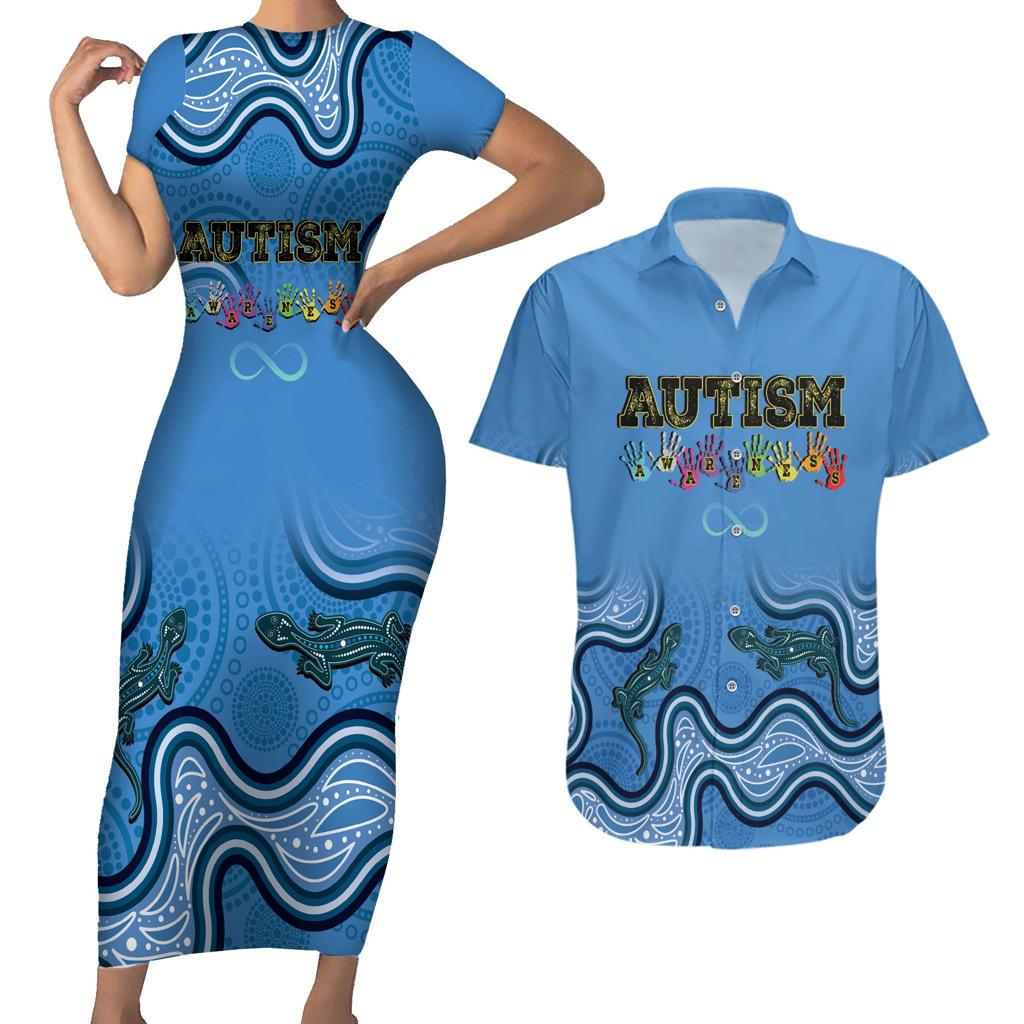 Australia Autism Awareness Couples Matching Short Sleeve Bodycon Dress and Hawaiian Shirt In April We Wear Blue Aboriginal Lizard